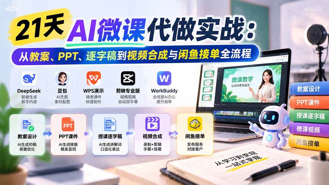 （21065期）21天AI微课代做实战：从教案、PPT、逐字稿到视频合成与闲鱼接单全流程-易创网