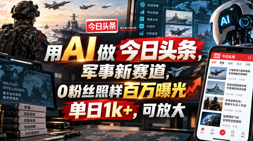用AI做今日头条，军事新赛道，0粉丝照样百万曝光，单日1k+，可放大-易创网