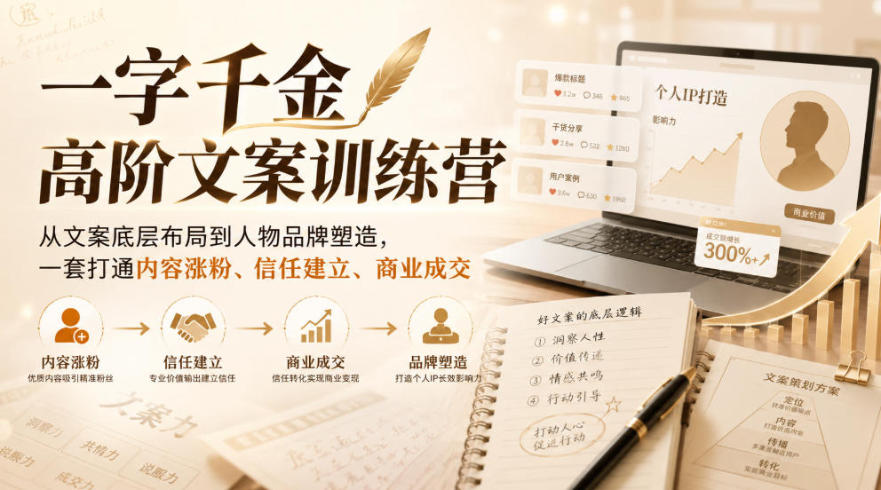 一字千金高阶文案训练营，从文案底层布局到人物品牌塑造，一套打通内容涨粉、信任建立、商业成交-易创网