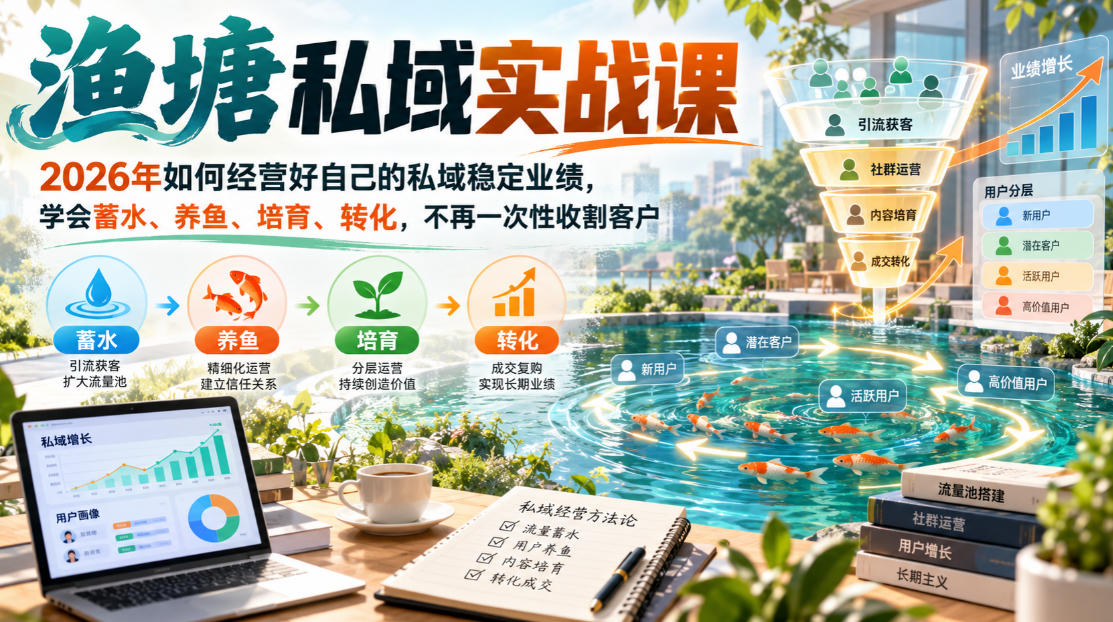 渔塘私域实战课，2026年如何经营好自己的私域稳定业绩，学会蓄水、养鱼、培育、转化，不再一次性收割客户-易创网