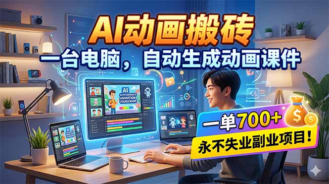 AI动画搬砖，一台电脑，自动生成动画课件，一单800+ 永不失业副业项目！-易创网