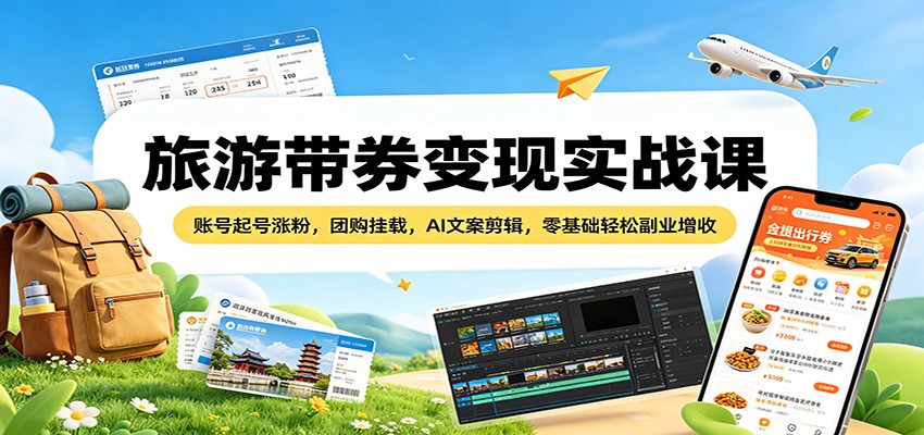 旅游带券变现实战课：账号起号涨粉，团购挂载，AI文案剪辑，零基础轻松副业增收-易创网