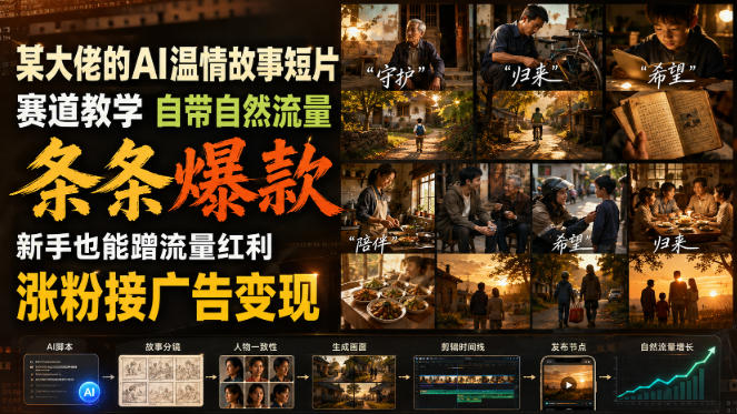 某大佬的AI温情故事短片赛道教学，自带自然流量，条条爆款，新手也能蹭流量红利，涨粉接广告变现-易创网