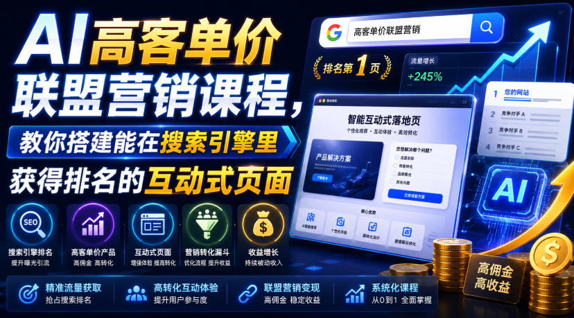AI高客单价联盟营销课程，教你搭建能在搜索引擎里获得排名的互动式页面，引来流量，把访客转化为高佣金的成交【原创双语字幕】-易创网