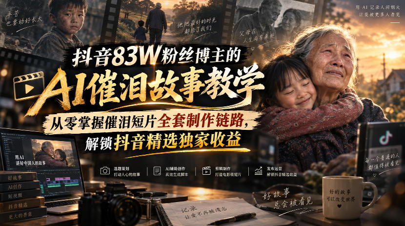 抖音83W粉丝博主的AI催泪故事教学，从零掌握催泪短片全套制作链路，解锁抖音精选独家收益-易创网