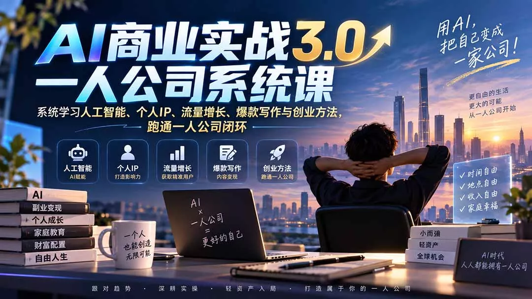 AI商业实战3.0一人公司系统课：系统学习人工智能、个人IP、流量增长、爆款写作与创业方法，跑通一人公司闭环-易创网