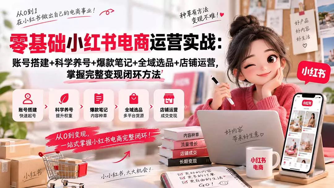 零基础小红书电商运营实战：账号搭建+科学养号+爆款笔记+全域选品+店铺运营，掌握完整变现闭环方法-易创网