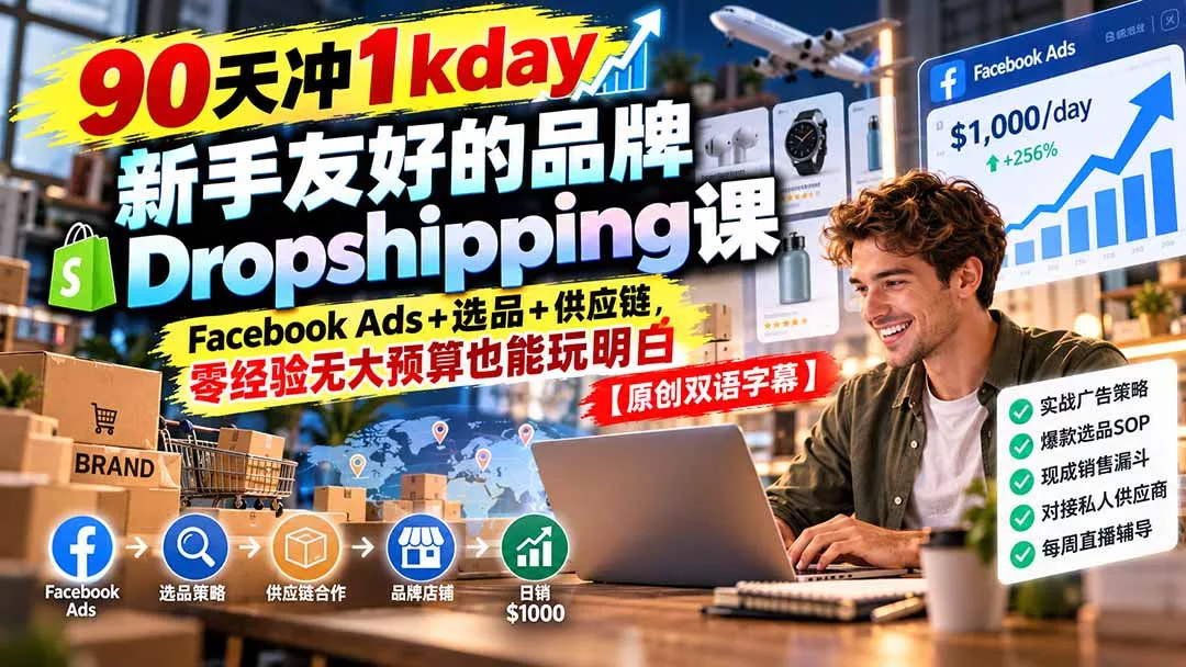 90天冲1kday 新手友好的品牌Dropshipping课：Facebook Ads+选品+供应链，零经验无大预算也能玩明白【原创双语字幕】-易创网