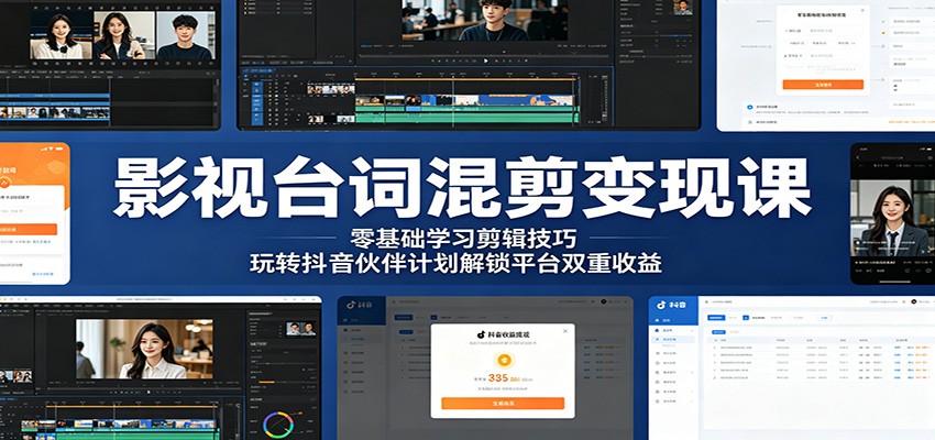 影视台词混剪变现课：零基础学习剪辑技巧，玩转抖音伙伴计划解锁平台双重收益-易创网