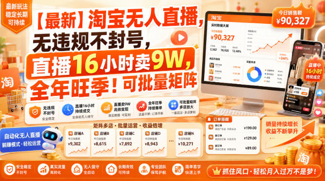 【最新】淘宝无人直播，无违规不封号，直播16小时卖9W，全年旺季！可批量矩阵【揭秘】-易创网