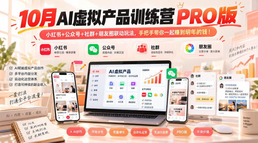 10月AI虚拟产品训练营PRO版，小红书+公众号+社群+朋友圈联动玩法，手把手带你一起赚到明年的钱！-易创网