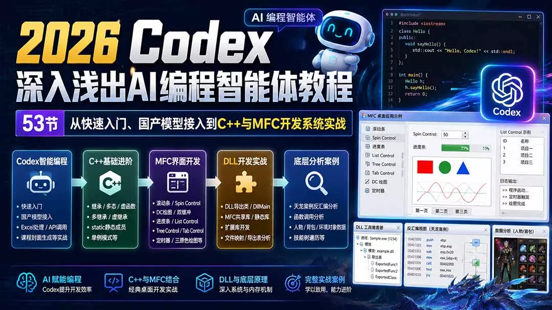 2026 Codex深入浅出AI编程智能体教程：53节从快速入门、国产模型接入到C++与MFC开发系统实战-易创网