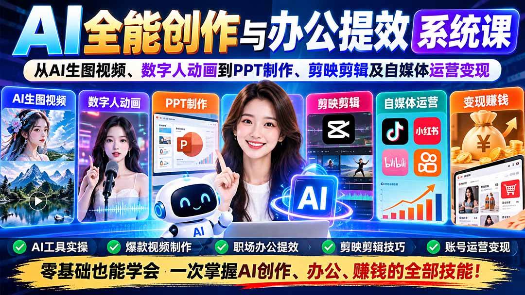 （20885期）AI全能创作与办公提效系统课：从AI生图视频、数字人动画到PPT制作、剪映剪辑及自媒体运营变现-易创网