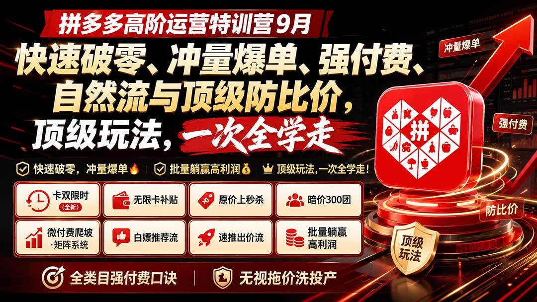 （20155期）拼多多高阶运营特训营9月：快速破零、冲量爆单、强付费、自然流与顶级防比价， 顶级玩法，一次全学走-易创网