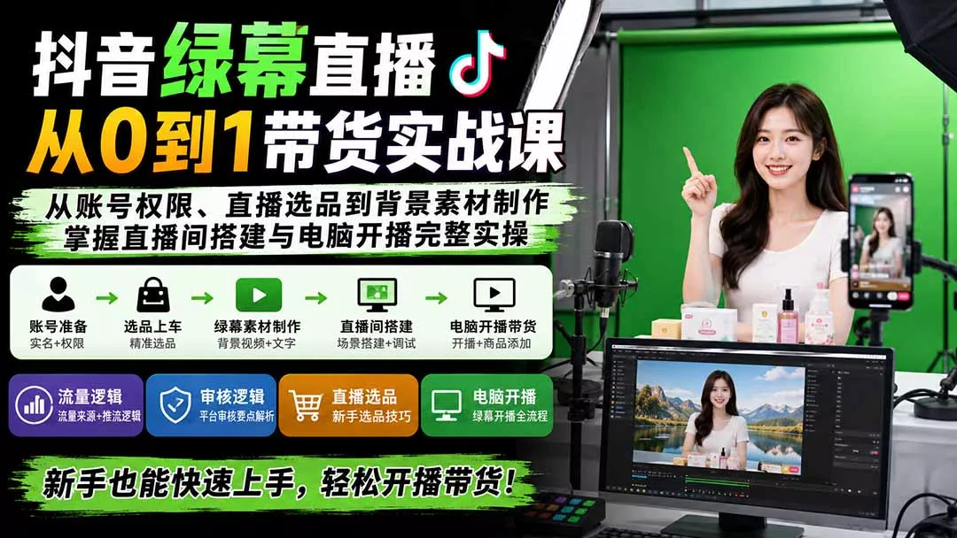 抖音绿幕直播从0到1带货实战课：从账号权限、直播选品到背景素材制作，掌握直播间搭建与电脑开播完整实操-易创网