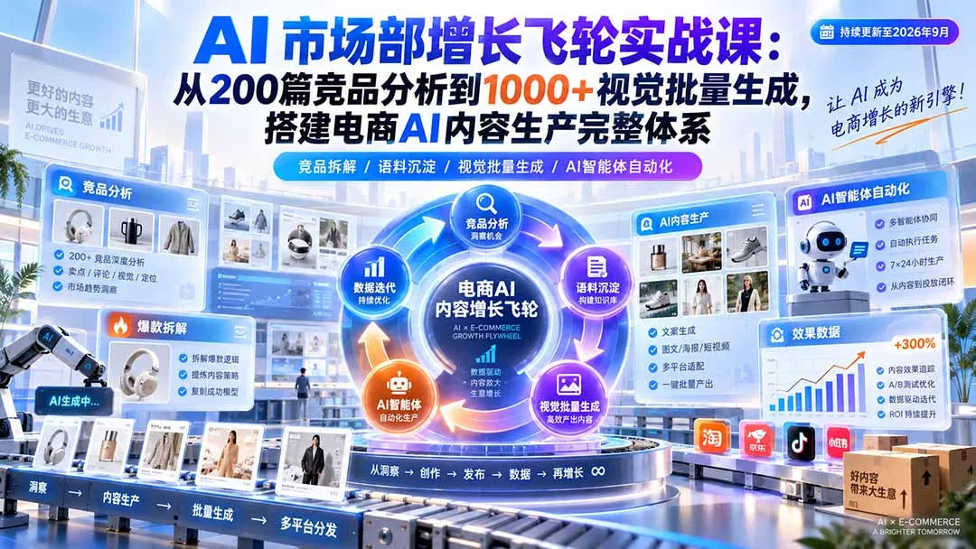 AI 市场部增长飞轮实战课：从200篇竞品分析到1000+视觉批量生成，搭建电商AI内容生产完整体系-易创网