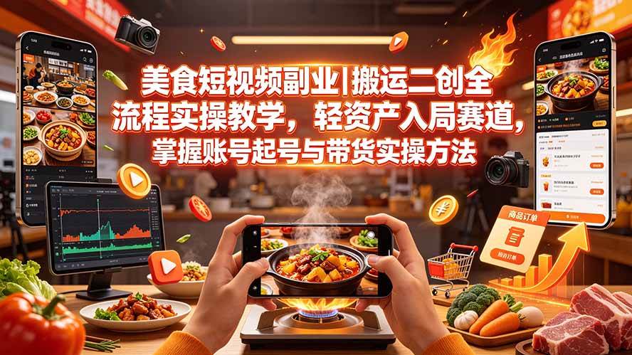 （19535期）美食短视频副业｜搬运二创全流程实操教学，轻资产入局赛道，掌握账号起号与带货实操方法-易创网