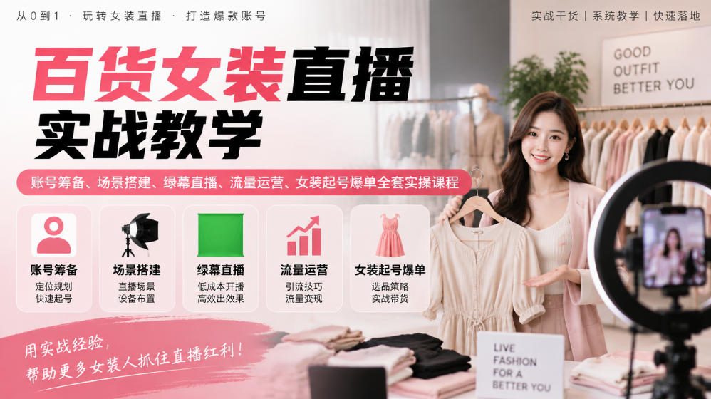 百货女装直播实战教学｜账号筹备、场景搭建、绿幕直播、流量运营、女装起号爆单全套实操课程-易创网
