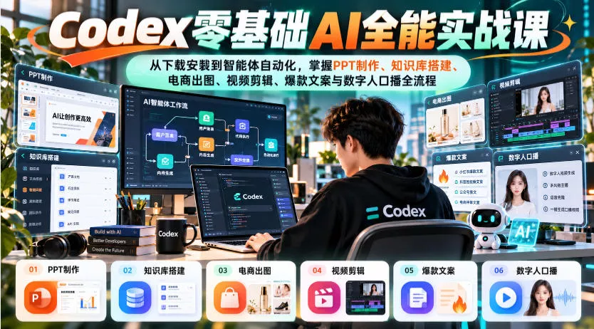 Codex零基础AI全能实战课：从下载安装到智能体自动化，掌握知识库搭建、电商出图、视频剪辑、爆款文案与数字人口播全流程-易创网