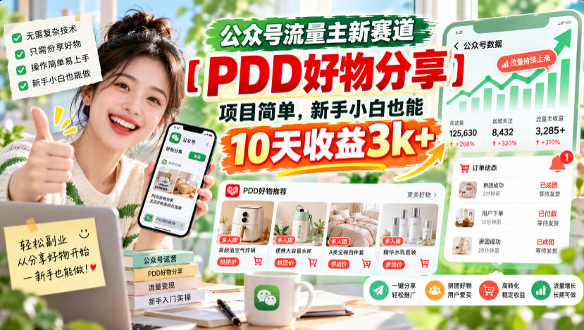 公众号流量主新赛道【PDD好物分享】，项目简单，新手小白也能10天收益3k+-易创网