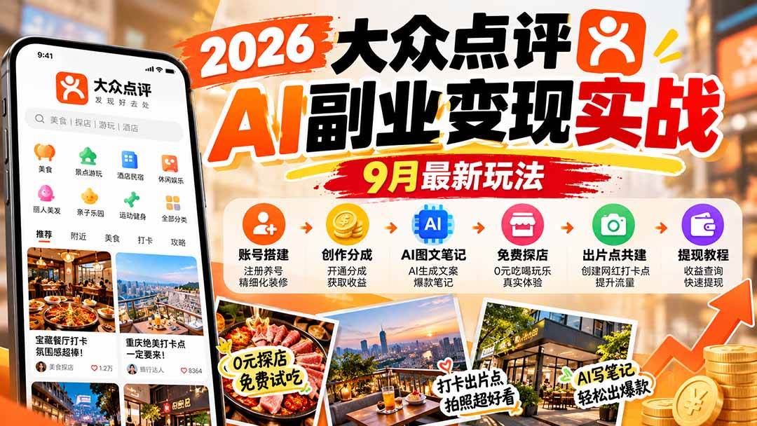 （20873期）2026大众点评AI副业变现实战9月最新玩法：账号搭建+创作分成+AI图文笔记+免费探店+出片点共建与提现教程-易创网