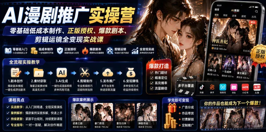 AI漫剧推广实操营｜零基础低成本制作、正版授权、爆款剧本、剪辑运镜全变现实战课-易创网