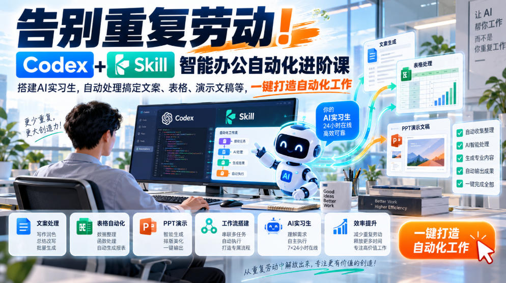 告别重复劳动！Codex+Skill智能办公自动化进阶课｜搭建AI实习生，自动处理搞定文案、表格、演示文稿等，一键打造自动化工作-易创网