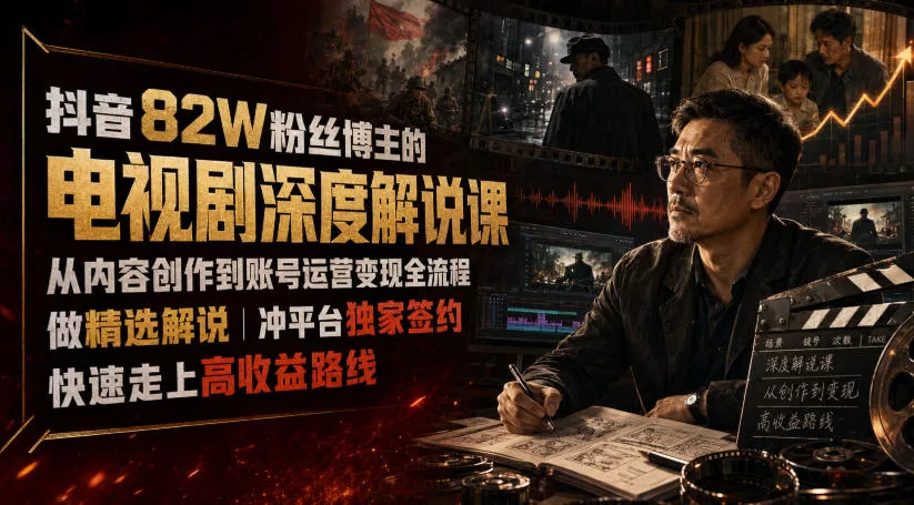 抖音82W粉丝博主的电视剧深度解说课，从内容创作到账号运营变现全流程，做精选解说，冲平台独家签约，快速走上高收益路线-易创网