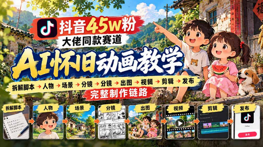 抖音45W粉大佬同款赛道AI怀旧动画实战课：拆解脚本→人物→场景→分镜→出图→视频→剪辑→发布完整制作链路-易创网