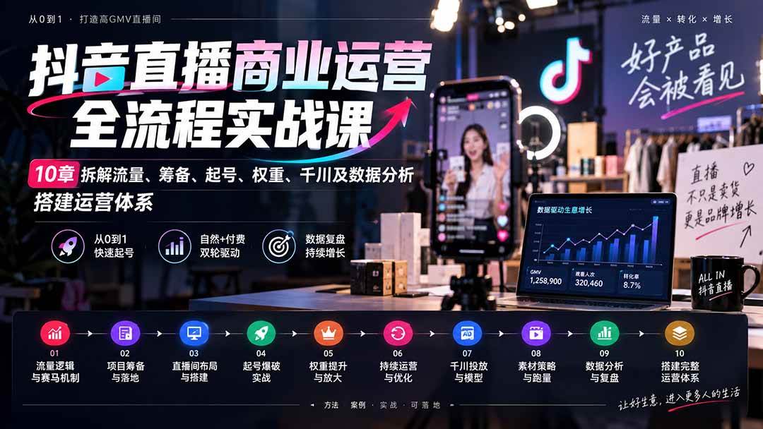 （20407期）抖音直播商业运营全流程实战课：10章拆解流量、筹备、起号、权重、千川及数据分析，搭建运营体系-易创网