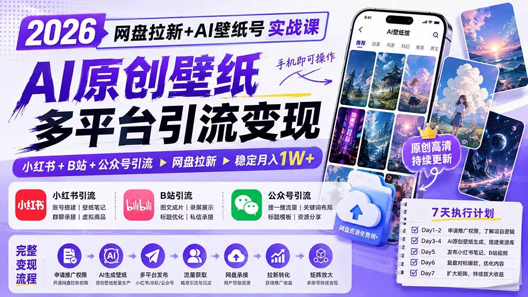 2026网盘拉新+AI壁纸号实战课：AI原创壁纸+小红书+B站+公众号引流，手机即可操作，月入1W+-易创网