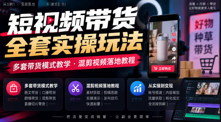 短视频带货全套实操玩法，多套带货模式教学，混剪视频落地教程-易创网