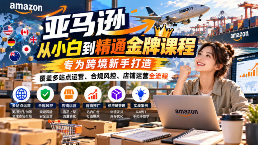 亚马逊从小白到精通金牌课程，专为跨境新手打造，覆盖多站点运营、合规风控、店铺运营全流程-易创网
