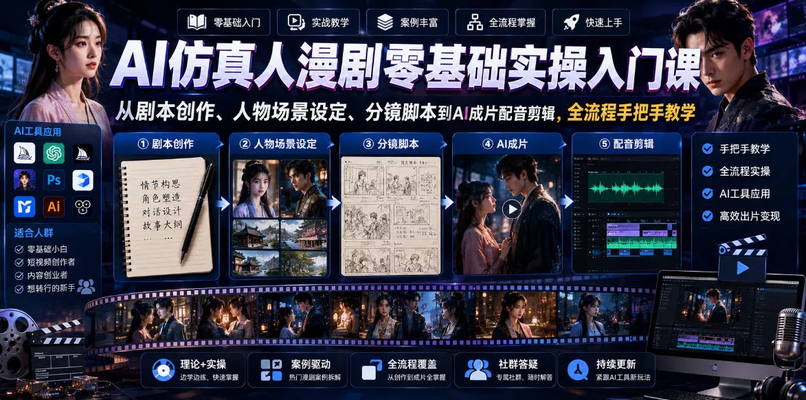 AI仿真人漫剧零基础实操入门课，从剧本创作、人物场景设定、分镜脚本到AI成片配音剪辑，全流程手把手教学-易创网