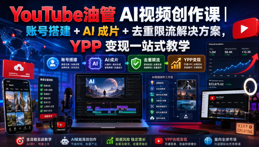 YouTube油管AI视频创作课｜账号搭建+AI成片+去重限流解决方案，YPP变现一站式教学-易创网