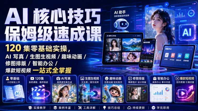 AI核心技巧保姆级速成课｜120集零基础实操，AI写真/生图生视频/趣味动画/修图排版/智能办公/爆款短视频一站式全掌握-易创网