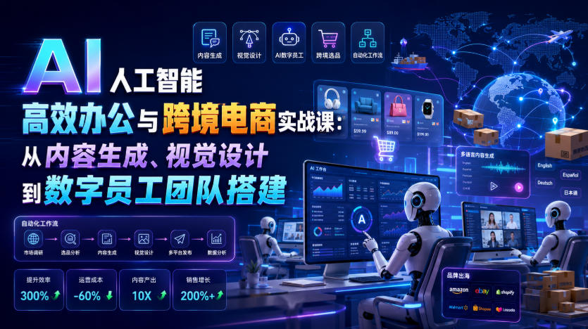 AI人工智能高效办公与跨境电商实战课：从内容生成、视觉设计到数字员工团队搭建-易创网