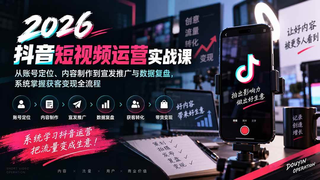 （20406期）2026抖音短视频运营实战课：从账号定位、内容制作到宣发推广与数据复盘，系统掌握获客变现全流程-易创网