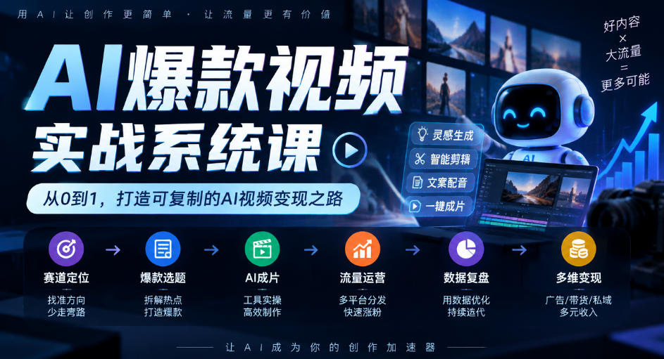 AI爆款视频实战系统课｜赛道定位、爆款选题、AI成片、流量运营、数据复盘、多维变现全链路教学-易创网
