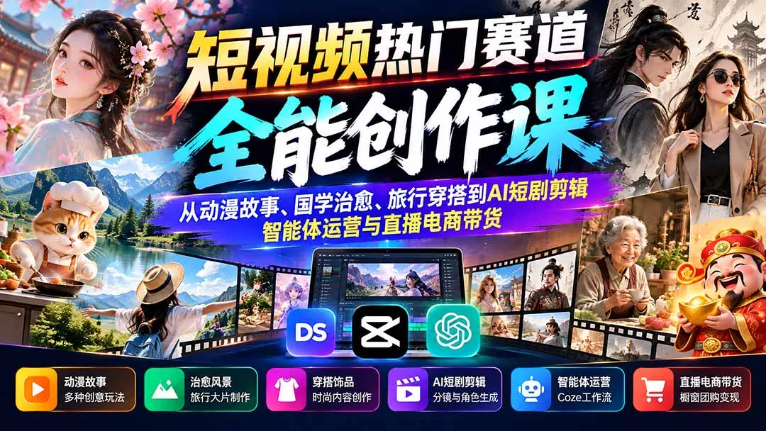 短视频热门赛道全能创作课：从动漫故事、国学治愈、旅行穿搭到AI短剧剪辑、智能体运营与直播电商带货-易创网