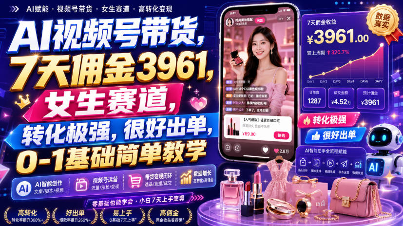AI视频号带货，7天佣金3961，女生赛道，转化极强，很好出单，0-1基础简单教学-易创网