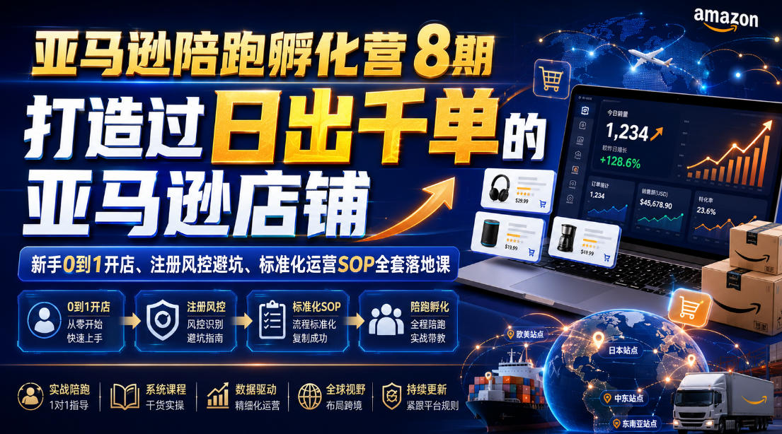 亚马逊陪跑孵化营8期，打造过日出千单的亚马逊店铺，新手0到1开店、注册风控避坑、标准化运营SOP全套落地课-易创网