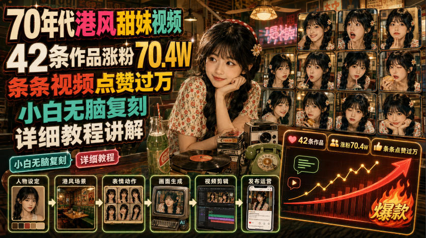 70年代港风甜妹视频，42条作品涨粉70.4W，条条视频点赞过万，小白无脑复刻，详细教程讲解-易创网