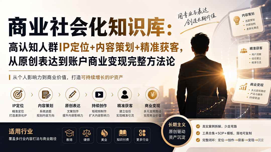 （19733期）商业社会化知识库：高认知人群IP定位+内容策划+精准获客，从原创表达到账户商业变现完整方法论-易创网