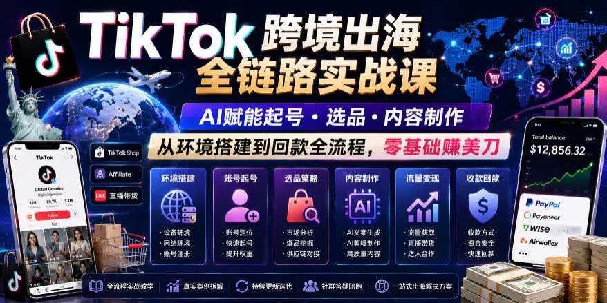 TikTok跨境出海全链路实战课，AI赋能起号・选品・内容制作，从环境搭建到回款全流程，零基础賺美刀-易创网
