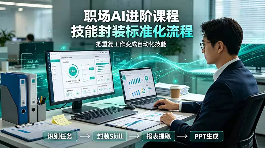 职场AI进阶课程；多类实用Skill工具实操，专属技能封装标准化流程，报表行业报告一键提取核心内容-易创网