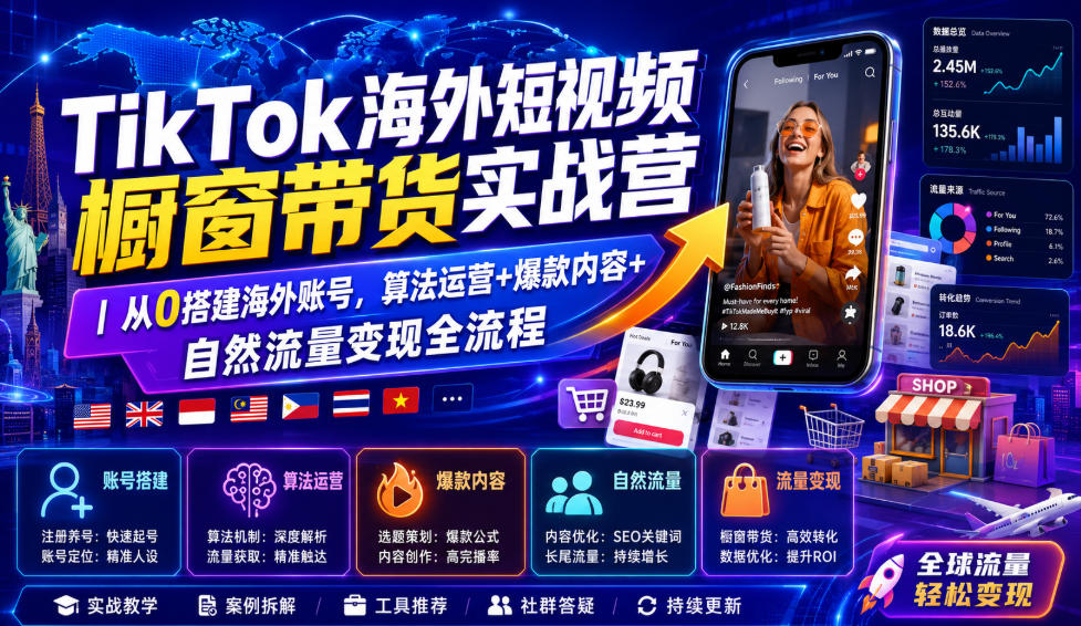 TikTok海外短视频橱窗带货实战营｜从0搭建海外账号，算法运营+爆款内容+自然流量变现全流程-易创网