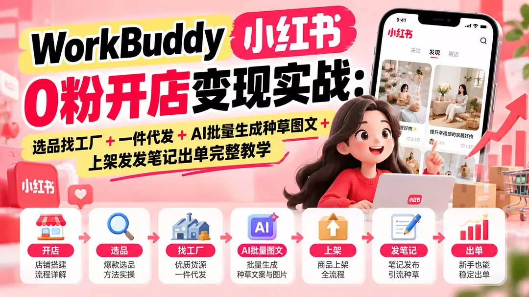 WorkBuddy小红书0粉开店变现实战：选品找工厂+一件代发+AI批量生成种草图文+上架发发笔记出单完整教学-易创网