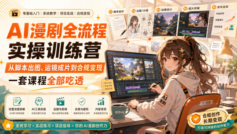 AI漫剧全流程实操训练营，从脚本出图、运镜成片到合规变现，一套课程全部吃透-易创网