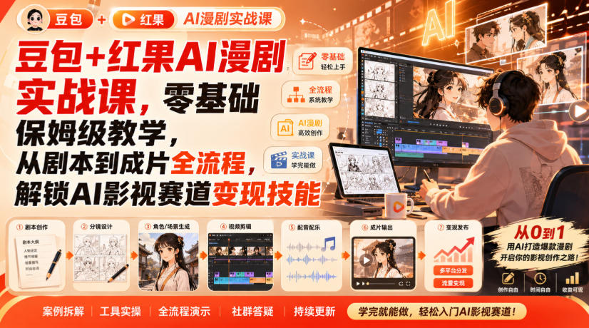 豆包+红果AI漫剧实战课，零基础保姆级教学，从剧本到成片全流程，解锁AI影视赛道变现技能-易创网
